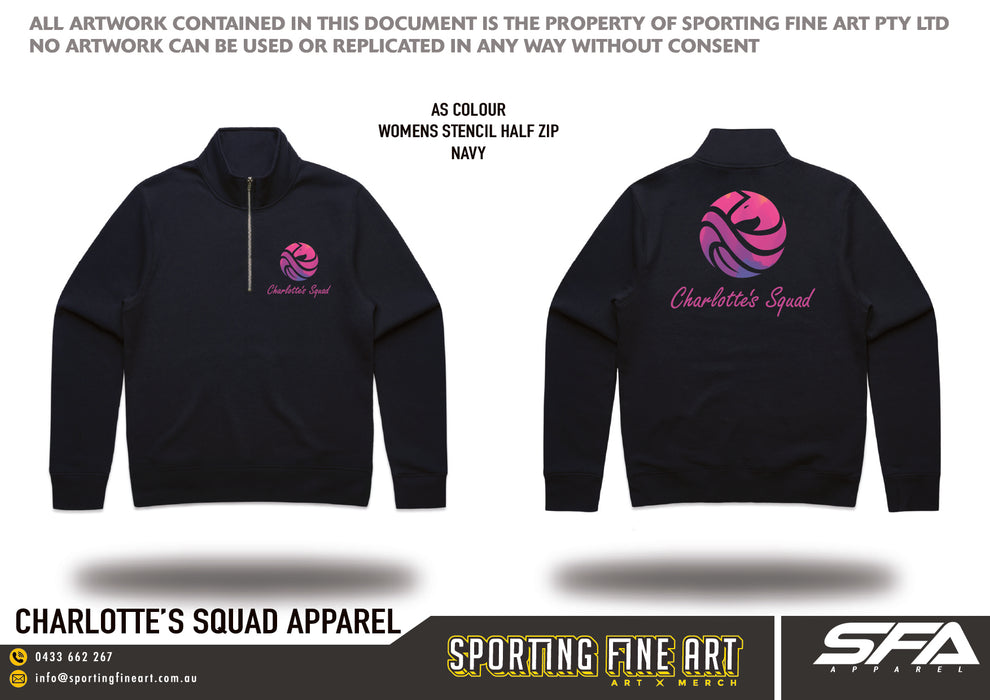 Charlotte's Squad Navy Women's Stencil Half Zip Crew
