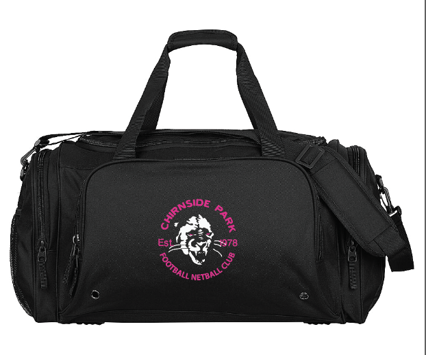 Chirnside Park FNC Black Sports Duffle Bag (Pink Logo)